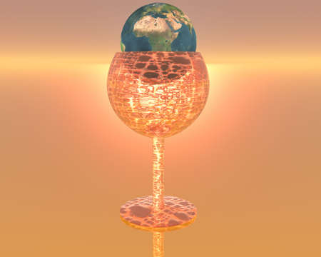 cool wine glass in 3D with earth and reflectionの写真素材