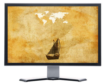 monitor with old world map on grunge retro paper isolated on white