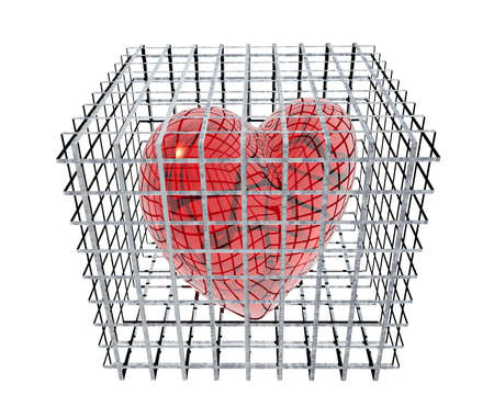 3d hearts in birdcage isolated on white backgroundの写真素材