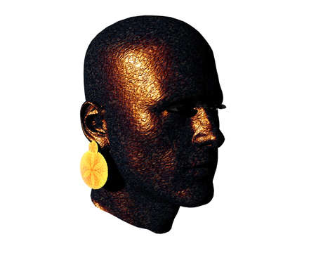 3D men textured head with golden earring isolated on white