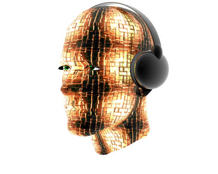 3D men textured face with headphone isolated on white