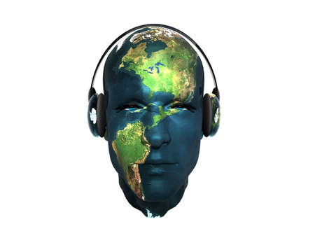 3D men textured face with headphone isolated on whiteの写真素材