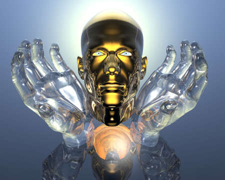 3D golden men head in glass hands の写真素材