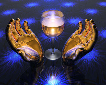 3D glass in golden hands on colorful backgroundの写真素材