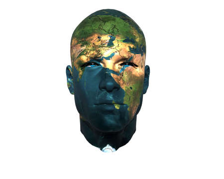 3D men face with earth texture isolated on whiteの写真素材