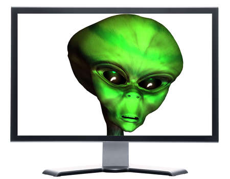 monitor with 3D alien head isolated on white