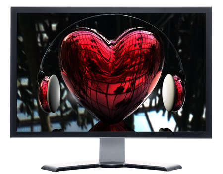 monitor with 3D hearts isolated on white