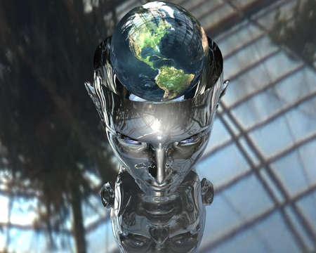 3D earth in 3D cyborg girl head の写真素材