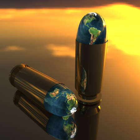 bright 3D golden bullet with earth textureの写真素材