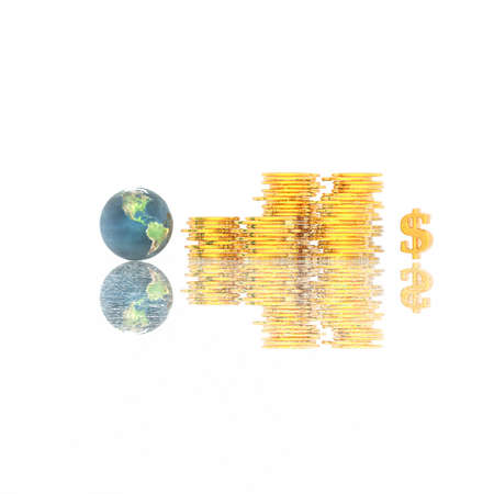 coins with 3D globe isolated on a white backgroundの写真素材
