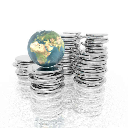 coins with 3D globe isolated on a white backgroundの写真素材