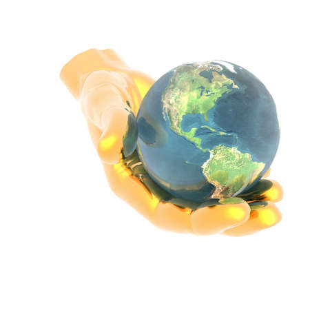 3D earth in bright hand isolated on a white backgroundの写真素材