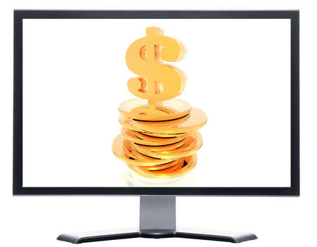 monitor with coins isolated on white background