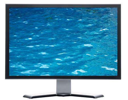 monitor with blue water with reflection in a swimming poolの写真素材