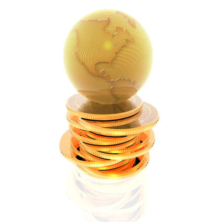 coins with 3D globe isolated on a white backgroundの写真素材