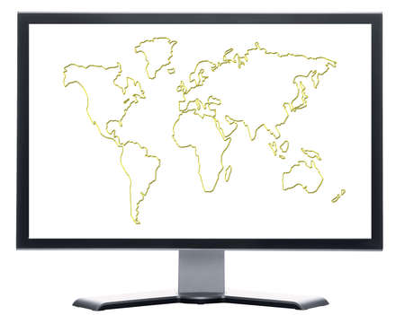 monitor with world map silhouette isolated on white background