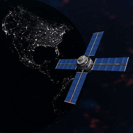 Satelite sputnik orbiting 3d earth in spaceの写真素材