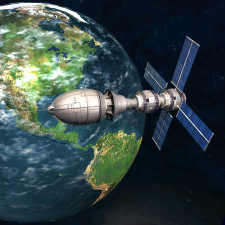 Satelite sputnik orbiting 3d earth in space