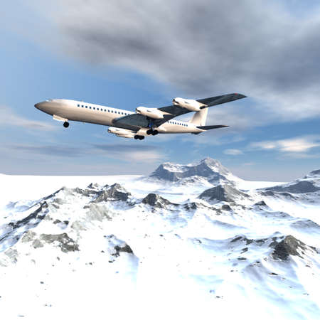 flying airliner in a winter landscapeの写真素材
