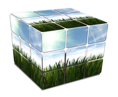 cube with green grass and blue sky on white backgroundの写真素材