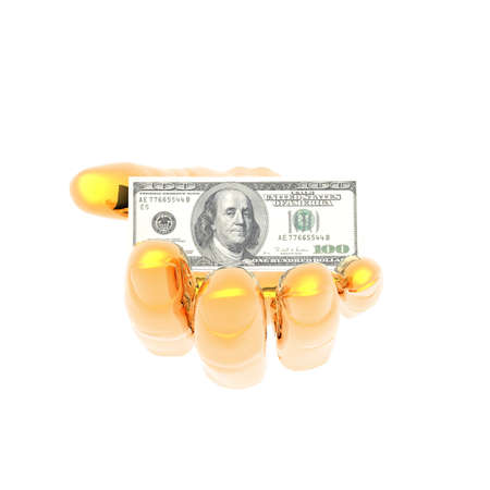 100 dollar note on the hand isolated on a whiteの写真素材