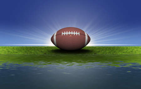 football on the green grass with sunset background