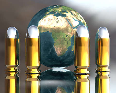 bright 3D golden and silver bullets with globeの写真素材