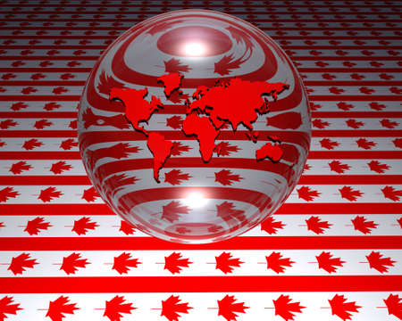 3D model of world map with canadian flag in backgroundの写真素材