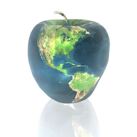 bright apple with earth texture in 3dの写真素材