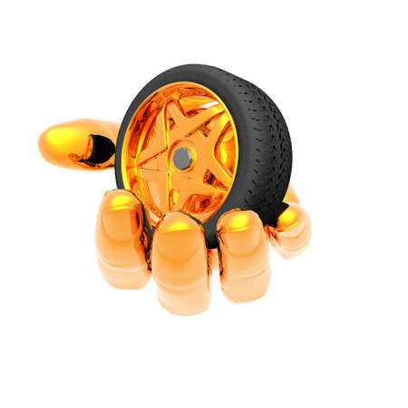 car tire wheel on the hand isolated on a whiteの写真素材