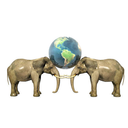 elephant and earth isolated on white backgroundの写真素材