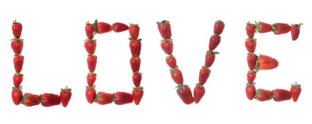 Fresh and tasty strawberry love caption isolated on a white backgroundの写真素材