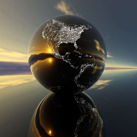 earth model with reflection on background の写真素材