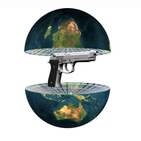 two earth hemisphere with gun isolated on a whiteの写真素材