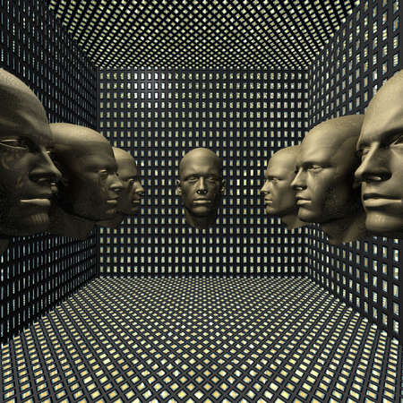 cyber men, robots  head in grid roomの写真素材