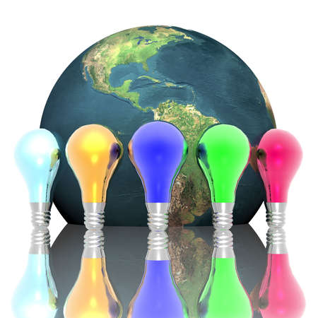 Red, blue and green lightbulbs with earth isolated on a white backgroundの写真素材
