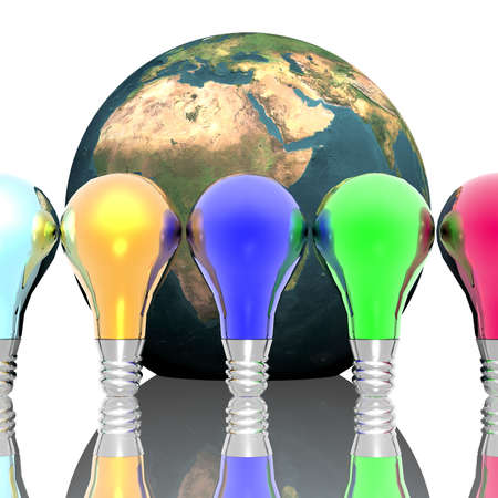 Red, blue and green lightbulbs with earth isolated on a white background