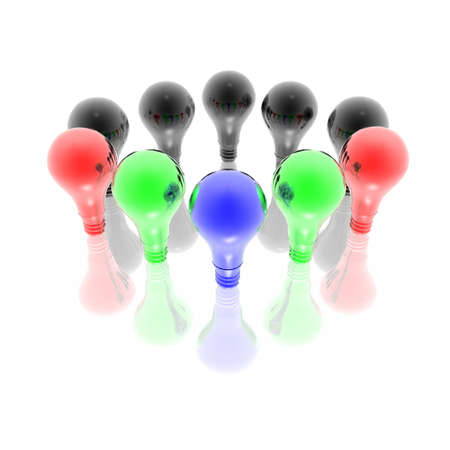 Red, blue and green lightbulbs isolated on a white backgroundの写真素材