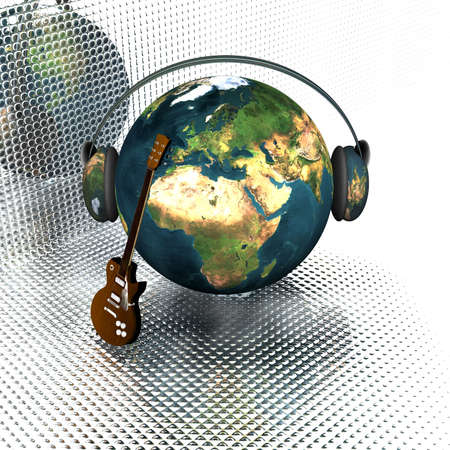music earth globe with headphones and guitarの写真素材