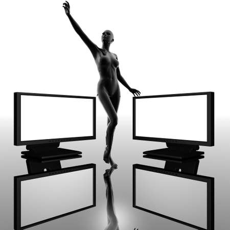 two computer monitors with womanの写真素材