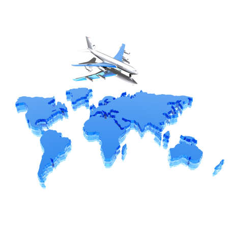 colorful geographical world map with airplane in 3dの写真素材