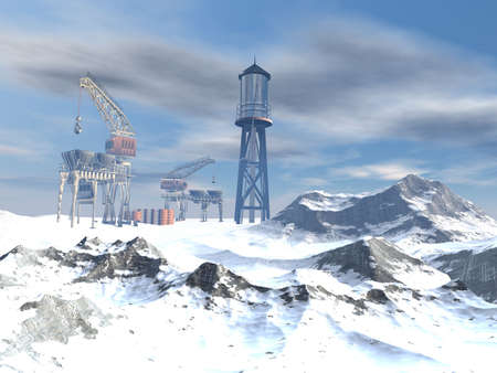 Drilling Platform in winter landscape in 3dの写真素材