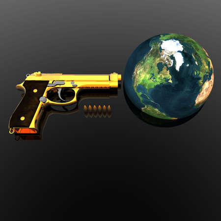 gun and earth on black backgroundの写真素材