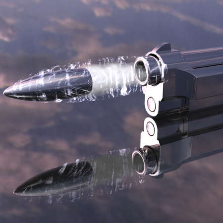 gun with flying bullet on dark background