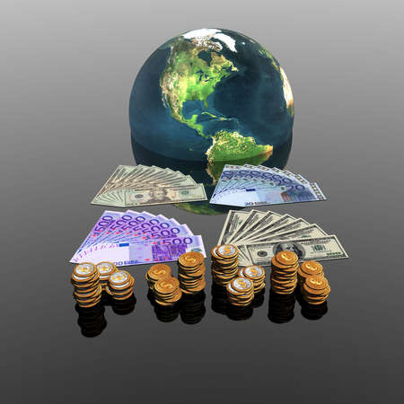 euro, dollar banknotes and coinsの写真素材