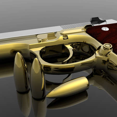gun with bullets on the tableの写真素材