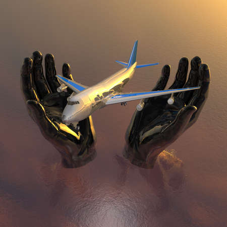 airliner in hands, safety flight in 3dの写真素材