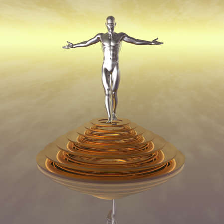 winner man on a golden podiumの写真素材