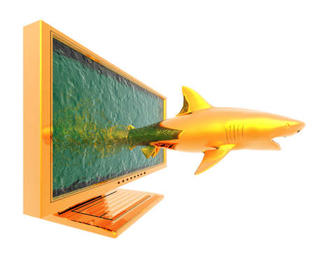 shark spring out of monitor in 3dの写真素材