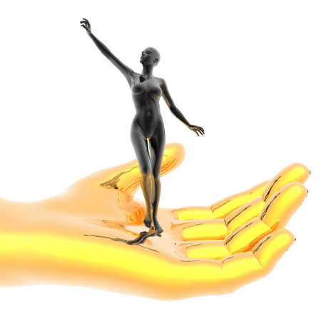 open hand with girl isolated on a white backgroundの写真素材